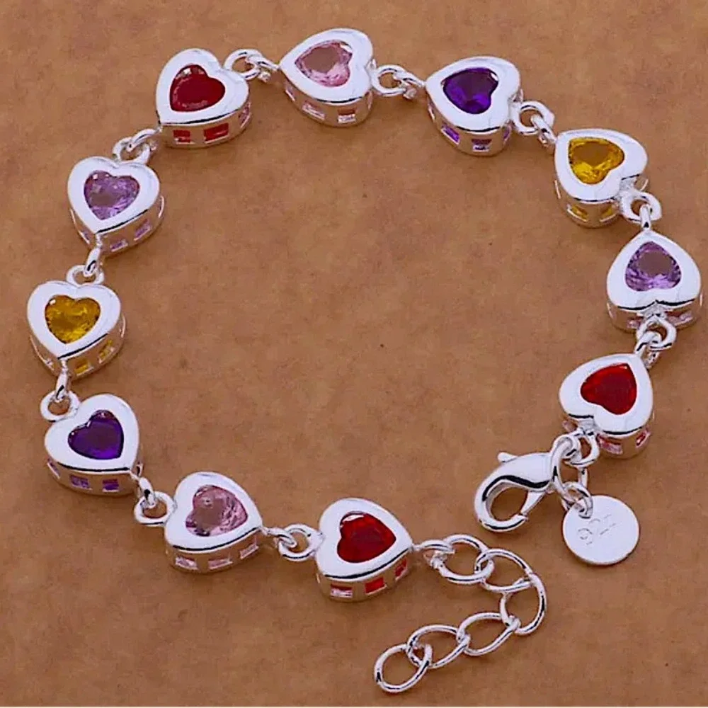 Sterling Silver Heart Multicolor Gemstone 925 Stamped Bracelet - Picture 1 of 12